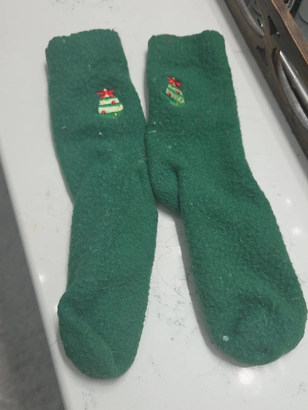 Green Holiday Socks with Embroidered Christmas Tree